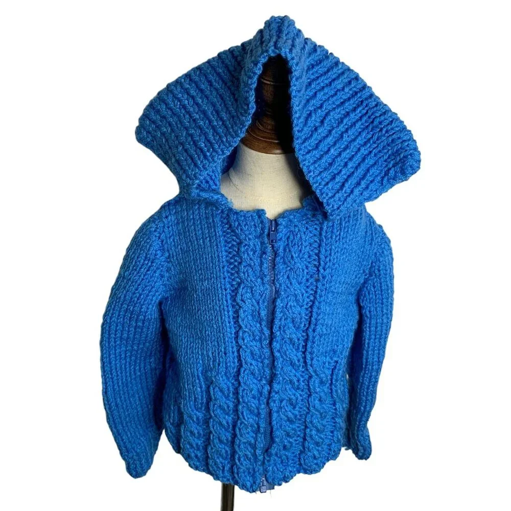 Vintage Handmade Toddler 4T Blue Cable Knit Hooded Cardigan Sweater Full Zipper